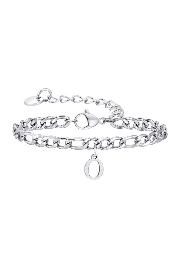 Women Stainless Steel Personalized Hip Hop Cool Initial A-Z 26 Letters Script Name Monogram Flat Necklace Adjustable Cuff Bracelet Silver O