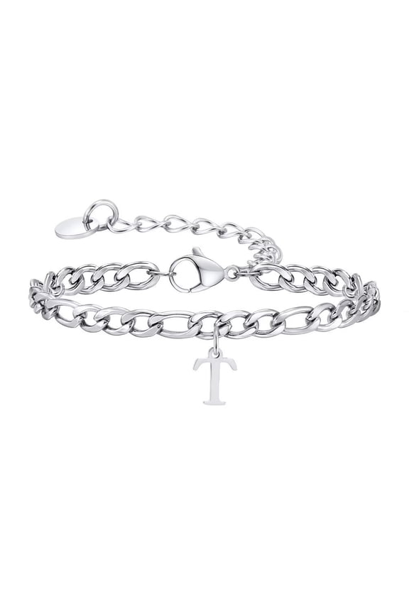 Women Stainless Steel Personalized Hip Hop Cool Initial A-Z 26 Letters Script Name Monogram Flat Necklace Adjustable Cuff Bracelet Silver T
