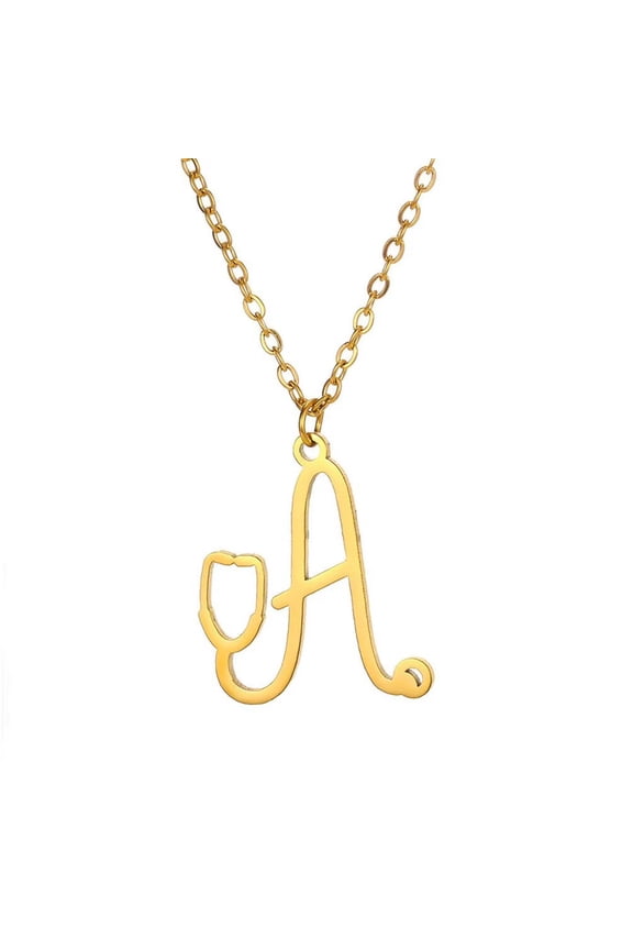 Women Stainless Steel Personalized Hip Hop Lite Version Stethoscope Shaped Simple Initial 26 Alphabet Letters Heart Charm Pendant Necklace A