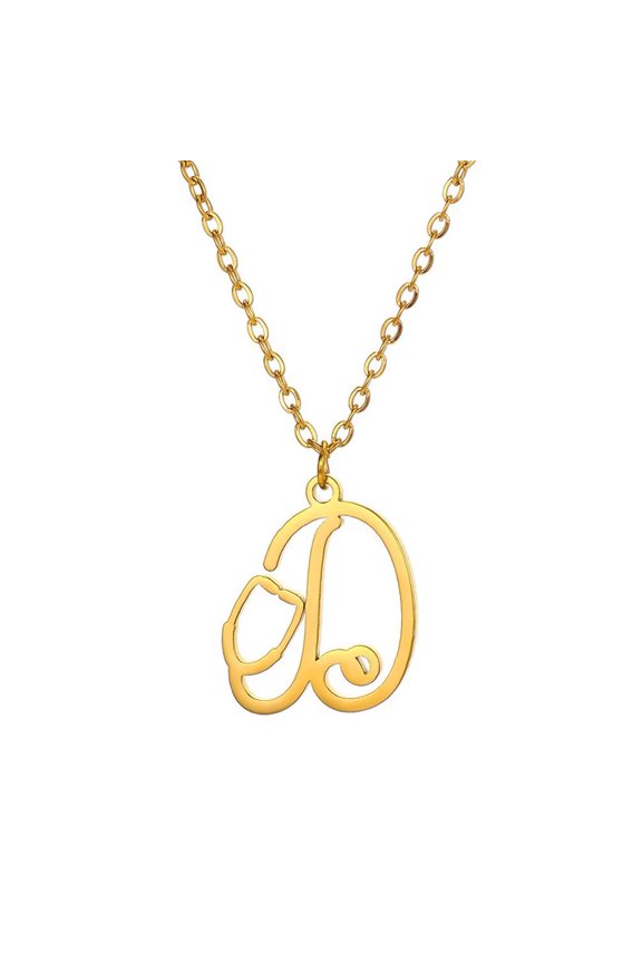 Women Stainless Steel Personalized Hip Hop Lite Version Stethoscope Shaped Simple Initial 26 Alphabet Letters Heart Charm Pendant Necklace D