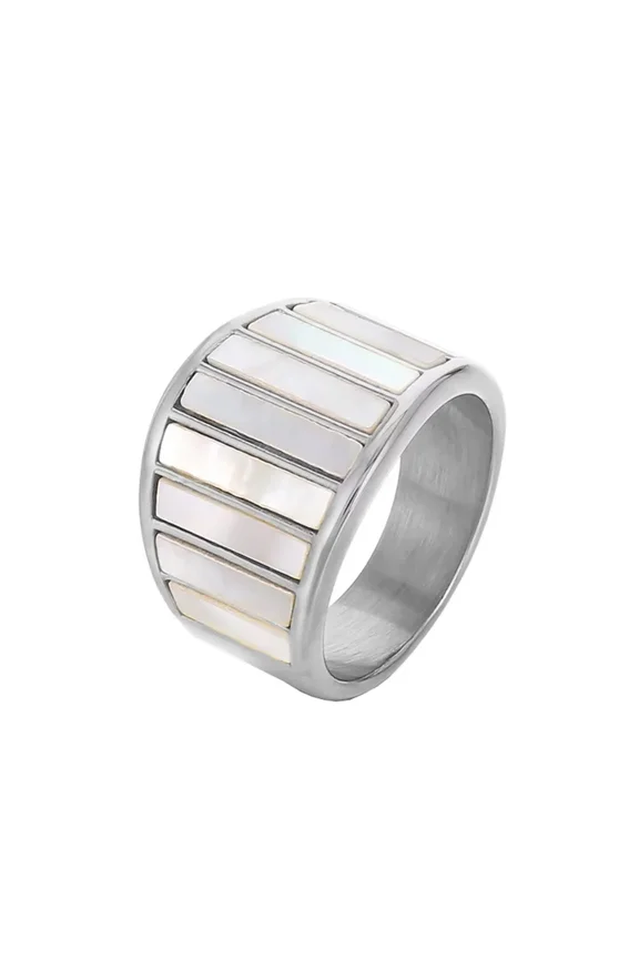 Women Stainless Steel Simple Creative Hip Hop 15mm Line Texture White Shell Inlay Piano Keys Musical Ring Wedding Band Silver Size 9