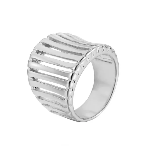 PAMTIER Women Stainless Steel Simple Creative Hip Hop 19mm Cut Out Piano Keys Musical Ring European and American Style Silver Size 9