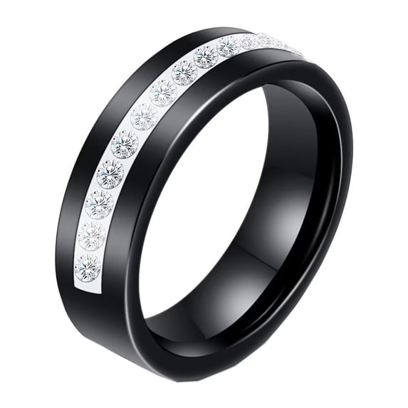 PAMTIER Women's Ceramic 6MM Simple Single Row of Cubic Zirconia Inlay Ring Black Size 10