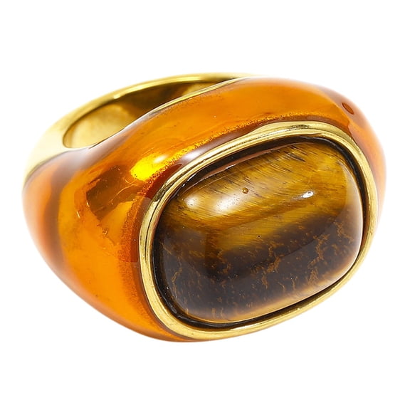 PAMTIER Women's Chunky Gemstone Statement Rings Large Bold Stainless Steel Silhouette Dome Gem Band, Classic Vintage Cocktail Party Jewelry Brown Size 6