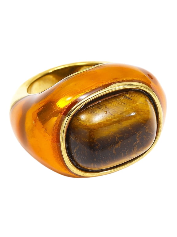 Women's Chunky Gemstone Statement Rings Large Bold Stainless Steel Silhouette Dome Gem Band, Classic Vintage Cocktail Party Jewelry Brown Size 7
