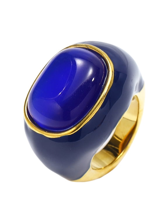 Women's Chunky Gemstone Statement Rings Large Bold Stainless Steel Silhouette Dome Gem Band, Classic Vintage Cocktail Party Jewelry Dark Blue Size 6