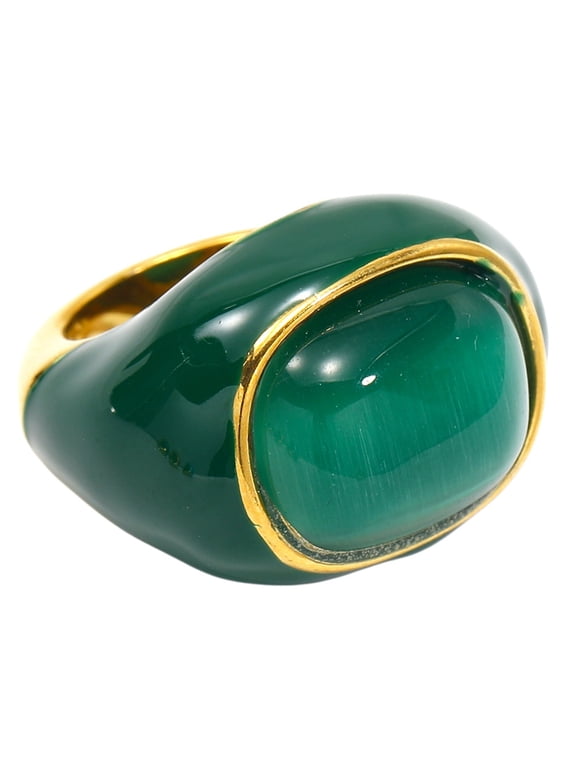 Women's Chunky Gemstone Statement Rings Large Bold Stainless Steel Silhouette Dome Gem Band, Classic Vintage Cocktail Party Jewelry Green Size 9