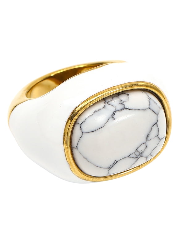 Women's Chunky Gemstone Statement Rings Large Bold Stainless Steel Silhouette Dome Gem Band, Classic Vintage Cocktail Party Jewelry White Size 10