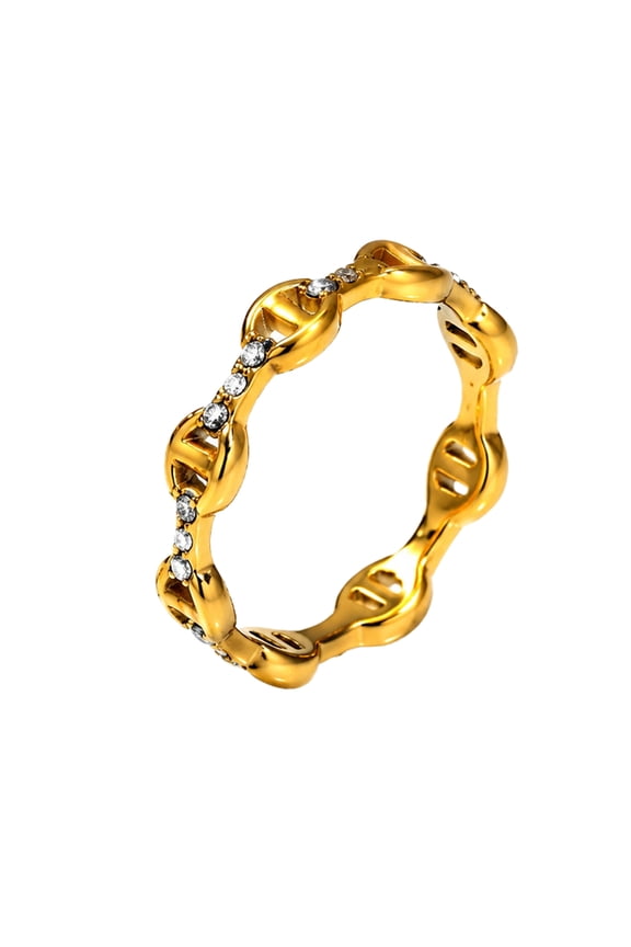 Women’s Dainty Paperclip Link Ring, Gold Plated Hollow Pig Nose Chain Band with Side Inlaid CZ Stones Stainless Steel Stackable Ring for Daily Office Outfit Size 6