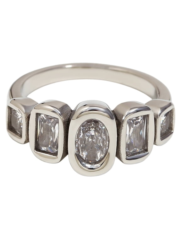 Women's Five Mixed-Shape Geometric CZ Rings Stainless Steel Clear Cubic Zirconia In Chunky Bezel Setting, Unique Band, Heavy Statement Jewelry Silver Plated Size 6
