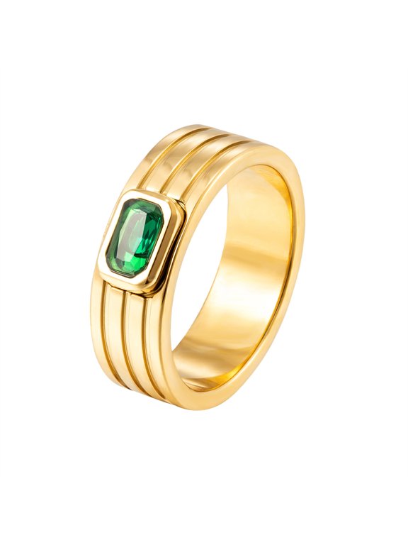 Women's Geometric Emerald Cut Rectangular CZ Ring Gold Plated Stainless Steel Vintage Promise Band Minimalist Engagement Wedding Statement Jewelry Size 6