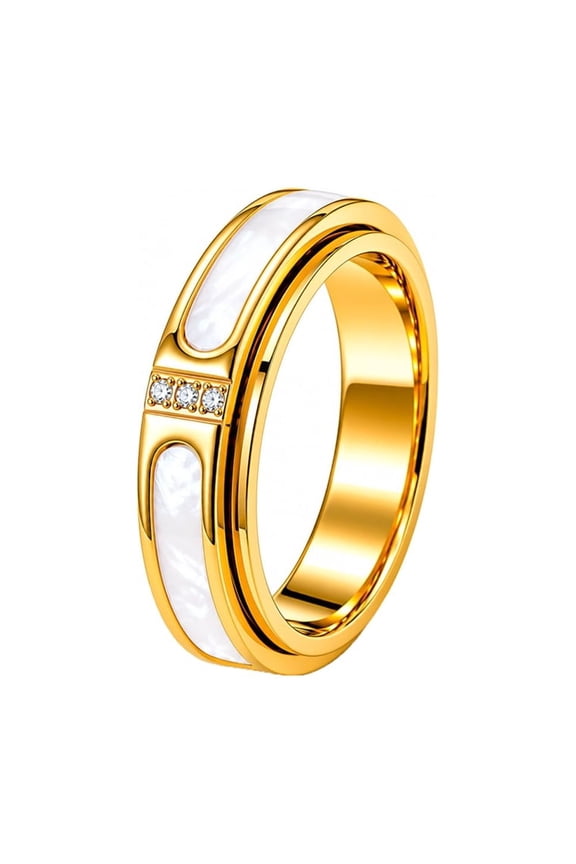 Women's Gold Tone White Mother of Pearl Ring Dainty CZ Stone Minimalist Wedding Engagement Band Gold Size 7