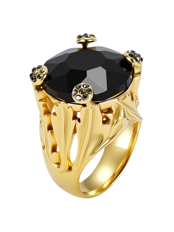 Women's Large Statement Gemstone Rings Unique Stainless Steel Large Faceted Oval Stone Band Vintage Gothic Cocktail Jewelry Gold Black Size 8