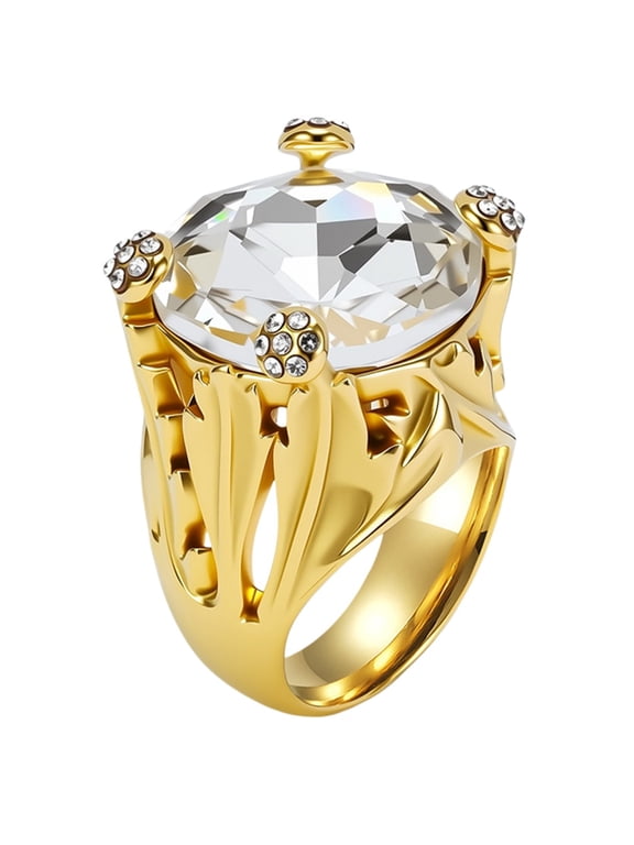 Women's Large Statement Gemstone Rings Unique Stainless Steel Large Faceted Oval Stone Band Vintage Gothic Cocktail Jewelry Gold White Size 8