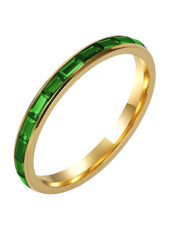 Women's Stainless Steel 2MM Full Cubic Zirconia Thin Channel Band Stackable Rings Elegant Jewelry Gold Plated Green Size 7