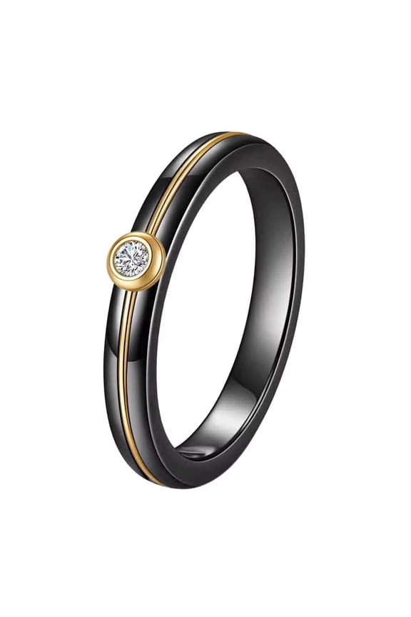 Women's Stainless Steel Ceramic 4MM Simple Zirconia Engagement Band Ring Gold Black Size 9