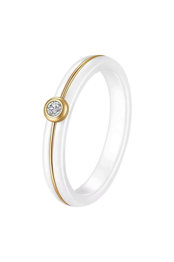 Women's Stainless Steel Ceramic 4MM Simple Zirconia Engagement Band Ring Gold White Size 8