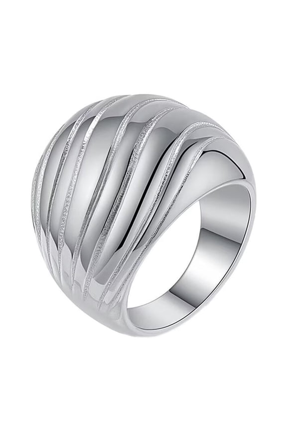 Women Stainless Steel Simple Personality Hip Hop Chunky Dome Wavy Lines Carved Bread Shaped Biker Ring Comfort Fit Silver Size 8