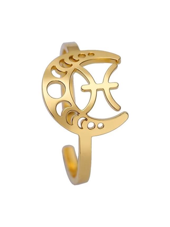 Women's Stainless Steel Creative Moon 12 Constellations Adjustable Wrap Open Ring Gold Pisces