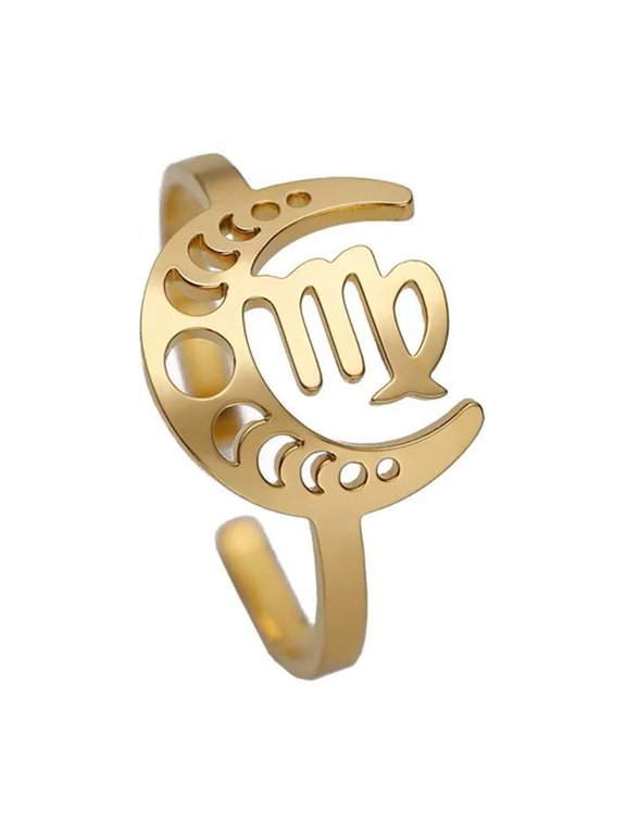Women's Stainless Steel Creative Moon 12 Constellations Adjustable Wrap Open Ring Gold Virgo