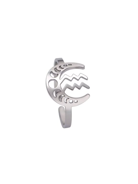 Women's Stainless Steel Creative Moon 12 Constellations Adjustable Wrap Open Ring Silver Aquarius
