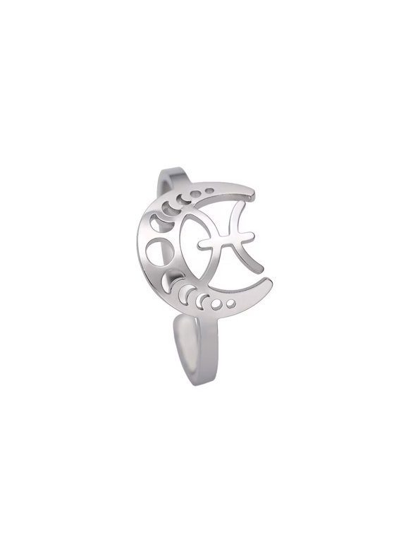 Women's Stainless Steel Creative Moon 12 Constellations Adjustable Wrap Open Ring Silver Pisces