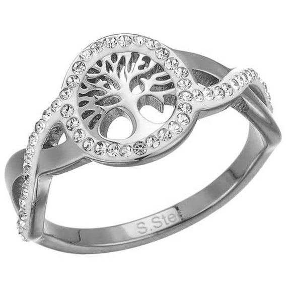 PAMTIER Women's Stainless Steel Cubic Zirconia High Polished Hollow Round Tree of Life Ring Silver Size 7
