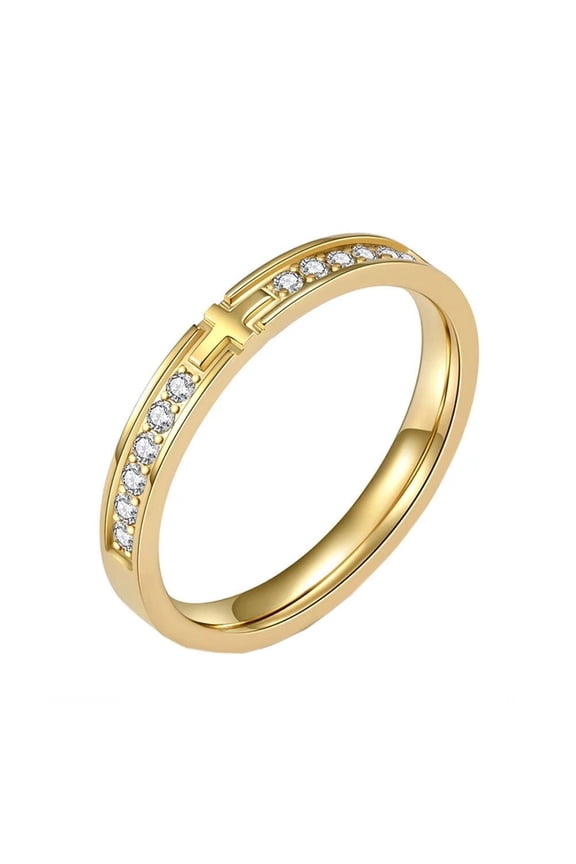 Women's Stainless Steel Cubic Zirconia Inlay 3MM Personalized Cross Prayer Lucky Band Ring Gold Size 8