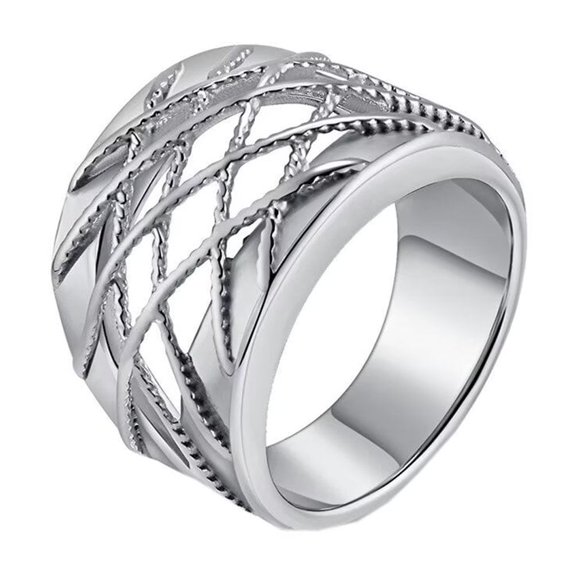 PAMTIER Women's Stainless Steel Elegant Crossover Chunky Wide Index Finger Ring Statement Wedding Band Silver Size 9