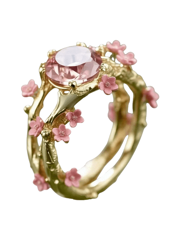 Women's Stainless Steel Flower Blossom Gemstone Statement Rings Modern Romantic Ins Style Elegant Ladies Ring Finger Jewelry Gift for Party Daily Wear Gold Plated Size 10