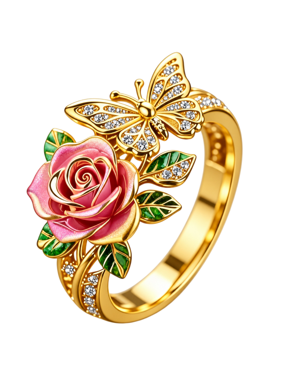 Women's Stainless Steel Flower Butterfly CZ Inlaid Adjustable Open Rings Fairy Costume Rose Leaves Plant Elements Band Elegant Fairycore Costume Statement Jewelry Gift Gold Plated