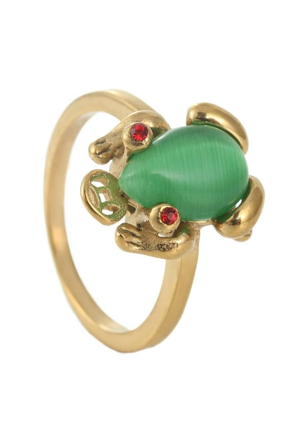 Women's Stainless Steel Green Gemstone Vintage Personalized Punk Animal Golden Toad Ring Gold Size 7