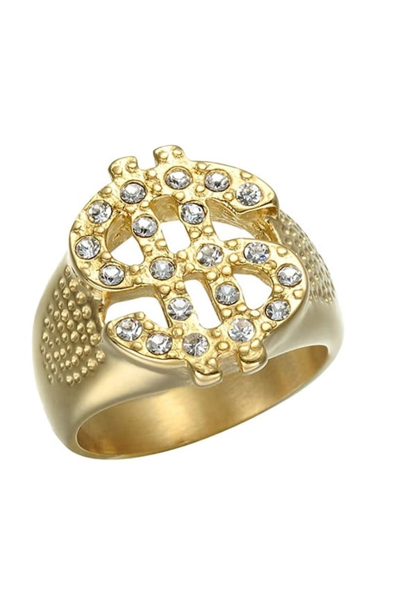Women's Stainless Steel Hip Hop Luxury Iced Out Micro-Pave Zircon Inlay Dollar Sign Coin Ring Rich Symbol Lucky Wealth Money Band Size 8