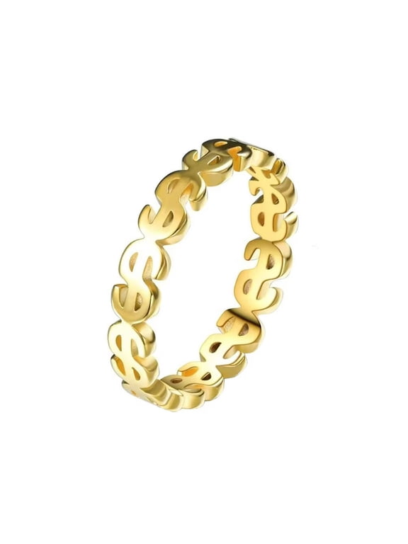 Women's Stainless Steel Hip Hop Punk Dainty Elegant Classic Dollar Sign Coin Ring Rich Symbol Lucky Wealth Money Band Gold Size 9