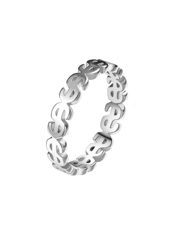 Women's Stainless Steel Hip Hop Punk Dainty Elegant Classic Dollar Sign Coin Ring Rich Symbol Lucky Wealth Money Band Silver Size 7