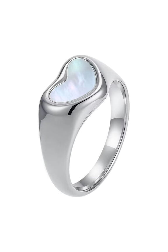 Women's Stainless Steel Inlaid Simulated Shell Heart Retro Jewelry Design Elegant Exquisite Festival Ring Silver Size 10