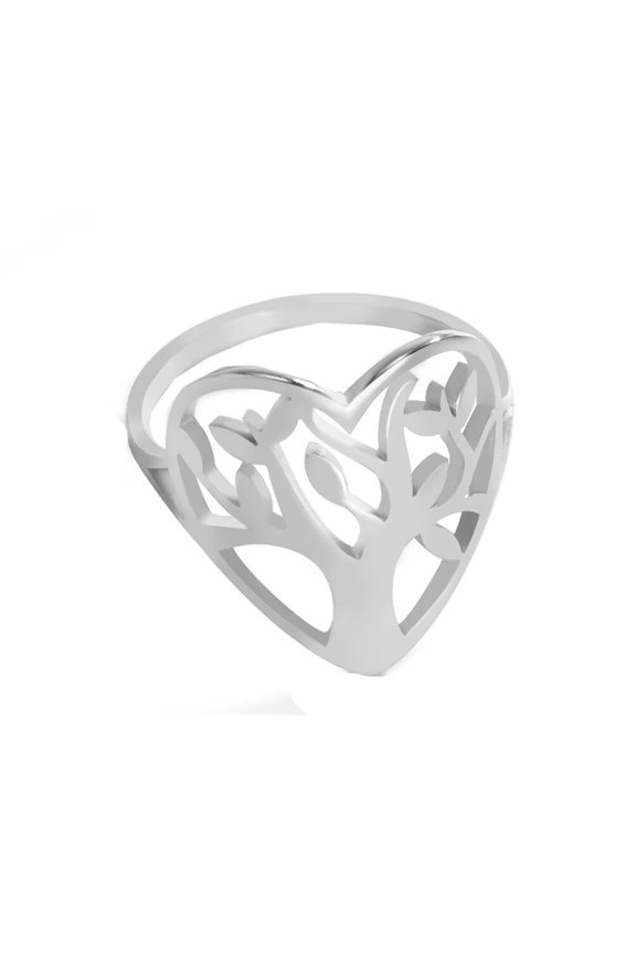 Women's Stainless Steel Personalized Hollow Love Heart Tree of Life Ring Silver Size 11