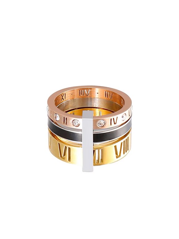 Women's Stainless Steel Roman Numerals 3 in 1 Ring Black Shell Inlay Rotatable Trinity Wedding Band Rose + Gold Size 8.75