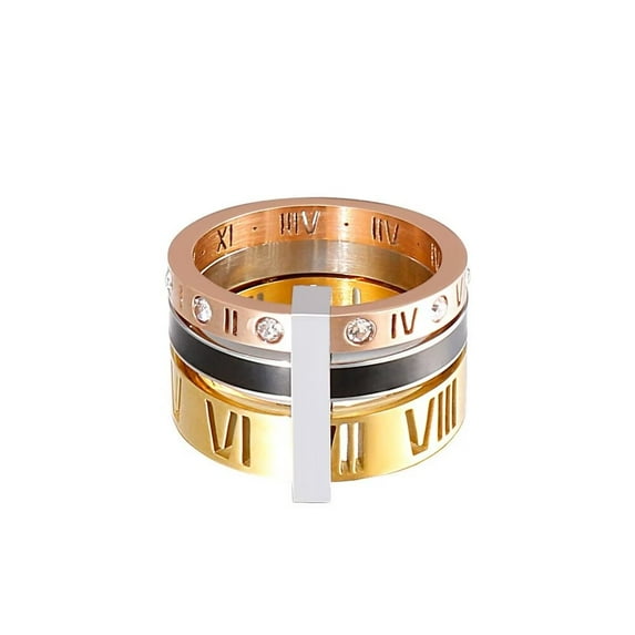 PAMTIER Women's Stainless Steel Roman Numerals 3 in 1 Ring Black Shell Inlay Rotatable Trinity Wedding Band Rose + Gold Size 9.75