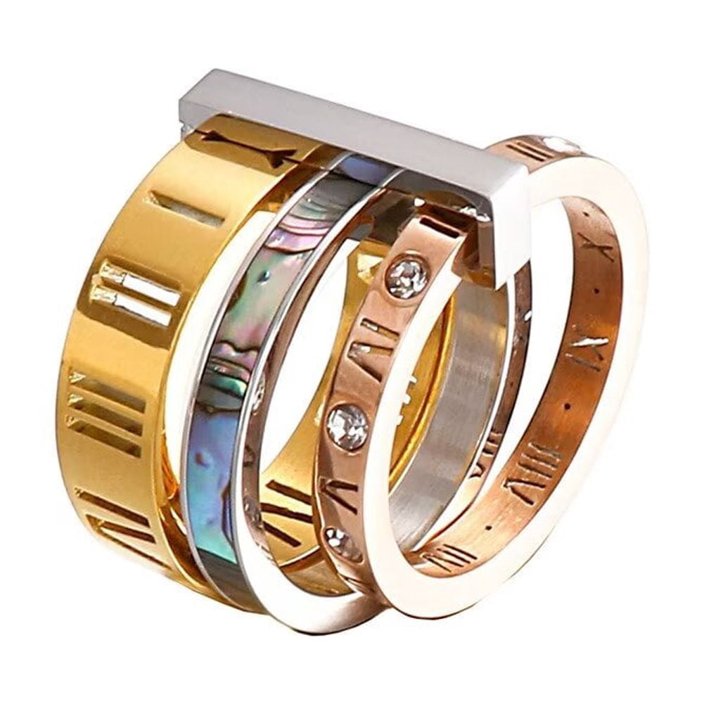 PAMTIER Women's Stainless Steel Roman Numerals 3 in 1 Ring Rainbow ...