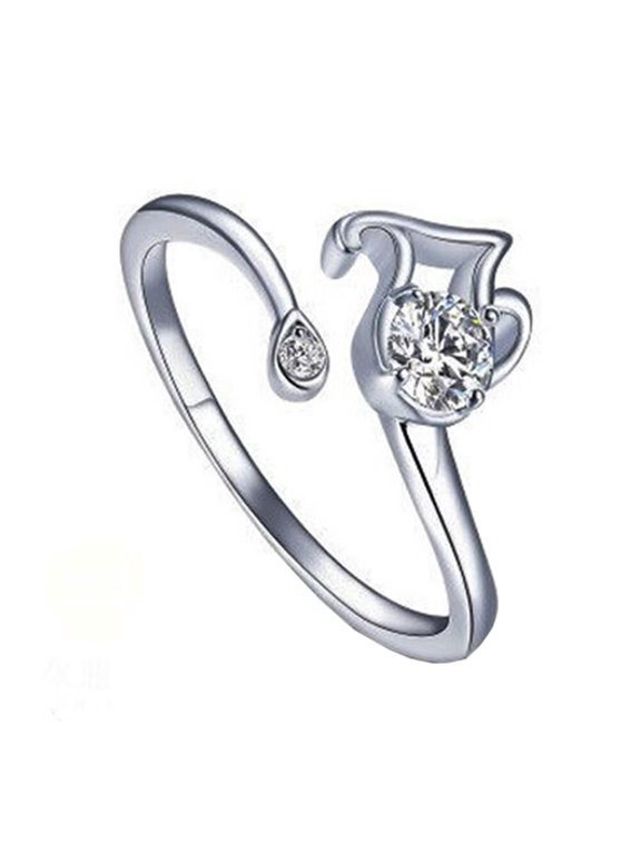Women's Stainless Steel Round Cubic Zirconia Simple 12 Constellations Adjustable Wrap Open Ring Silver Aquarius