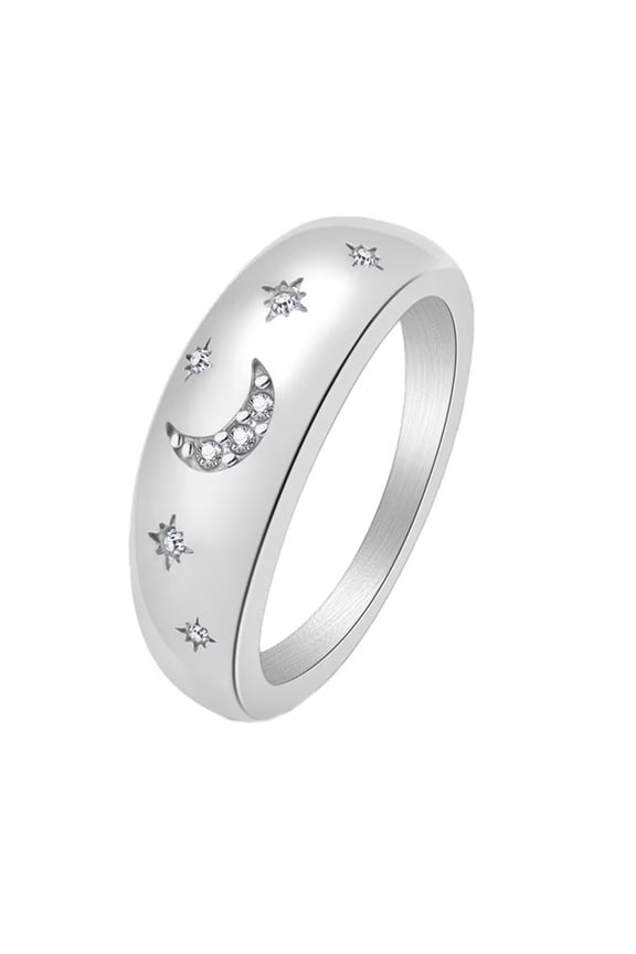 Women's Stainless Steel Round Cubic Zirconia Simple Moon Star Wedding Band Ring Silver Size 5