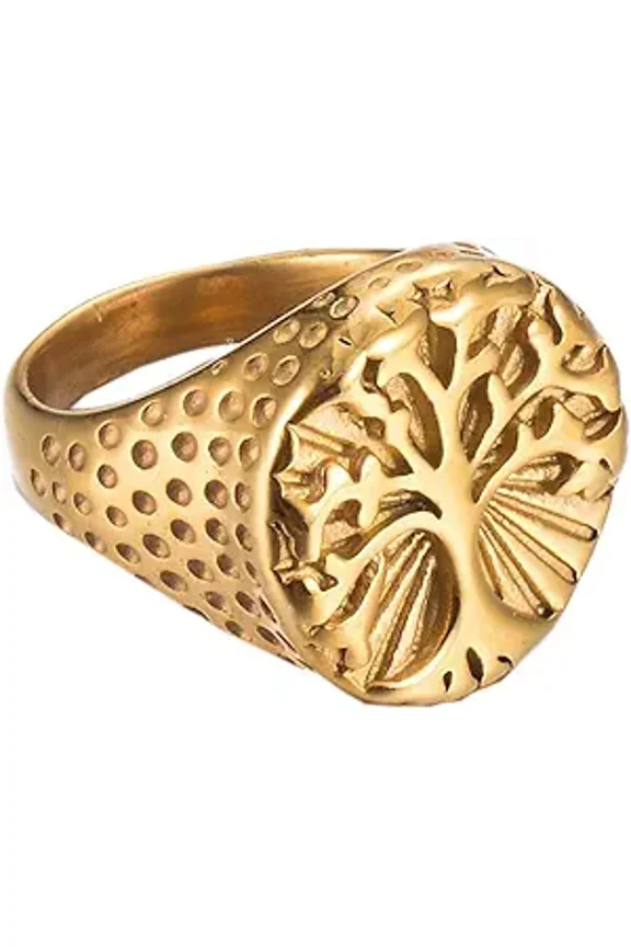 Women's Stainless Steel Tree of Life Pendant Ring Hip Hop Style Gold Size 9
