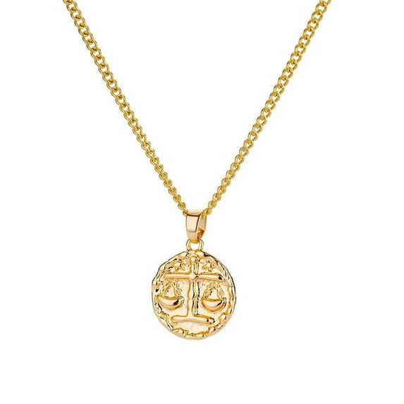 PAMTIER Women's Stainless Steel Vintage 12 Constellations Zodiac Signs Round Coin Embossed Pendant Necklace Libra