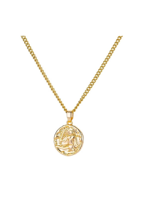Women's Stainless Steel Vintage 12 Constellations Zodiac Signs Round Coin Embossed Pendant Necklace Virgo