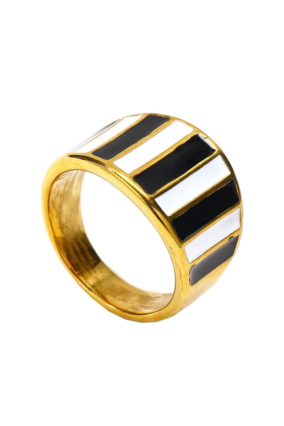 Women's Stainless Steel Vintage Big Black and White Stripe Enamel Ring Gold Size 7