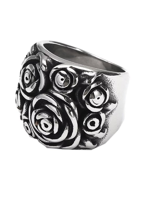 Women's Stainless Steel Vintage Classic Romantic Rose Flower Ring Silver Black Size 12