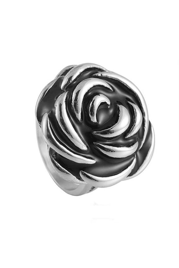 Women's Stainless Steel Vintage Hip Hop Punk Rose Flower Ring Silver Black Size 7