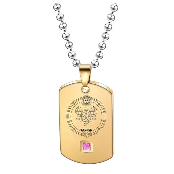 PAMTIER Women's Stainless Steel Vintage Personality Constellation Horoscope Zodiac Dog Tag Pendant Necklace Pink Crystal Inlay Gold Taurus