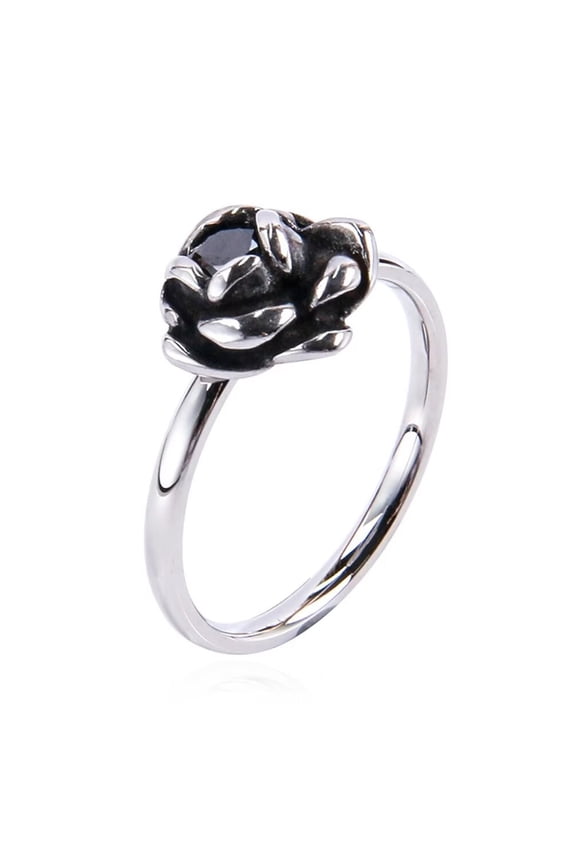 Women's Stainless Steel Vintage Personalized Rose Flower Gemstone Ring Silver with Black CZ Size 10